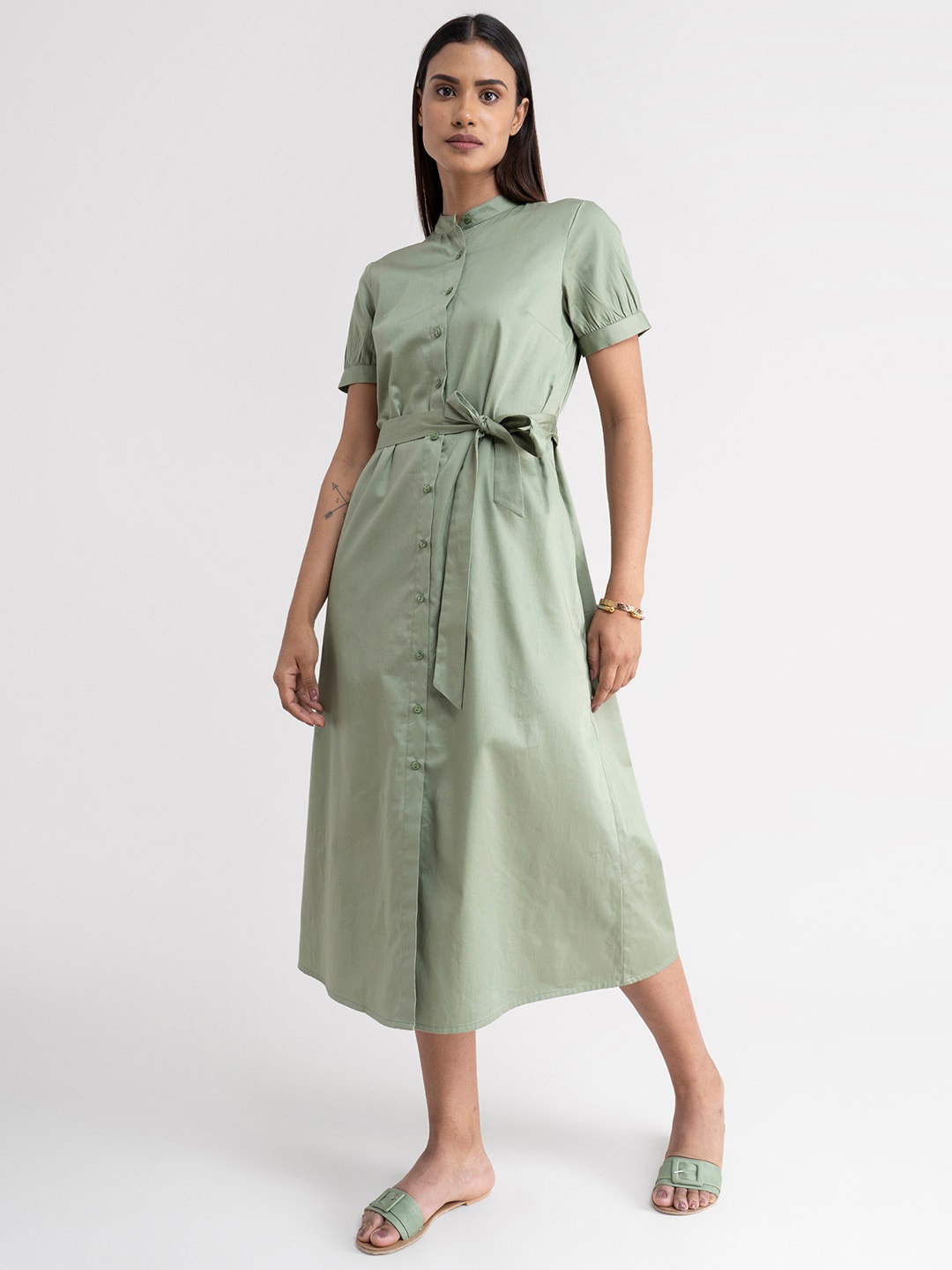 

FableStreet Women Pista Green Solid Shirt Midi Dress