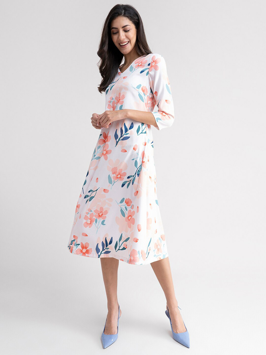 

FableStreet White & Peach-Coloured Floral A-Line Dress