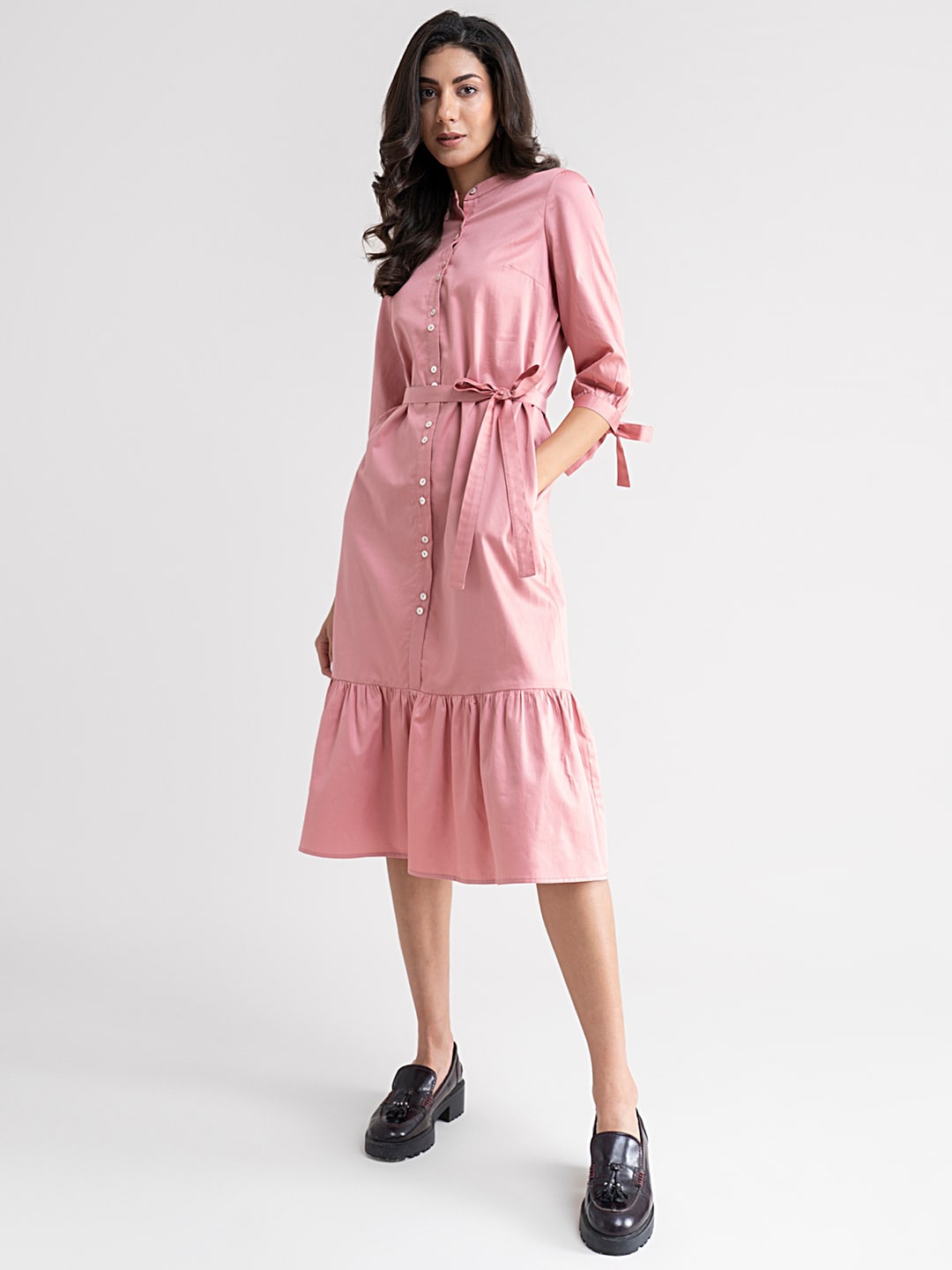 

FableStreet Pink Formal Shirt Midi Dress