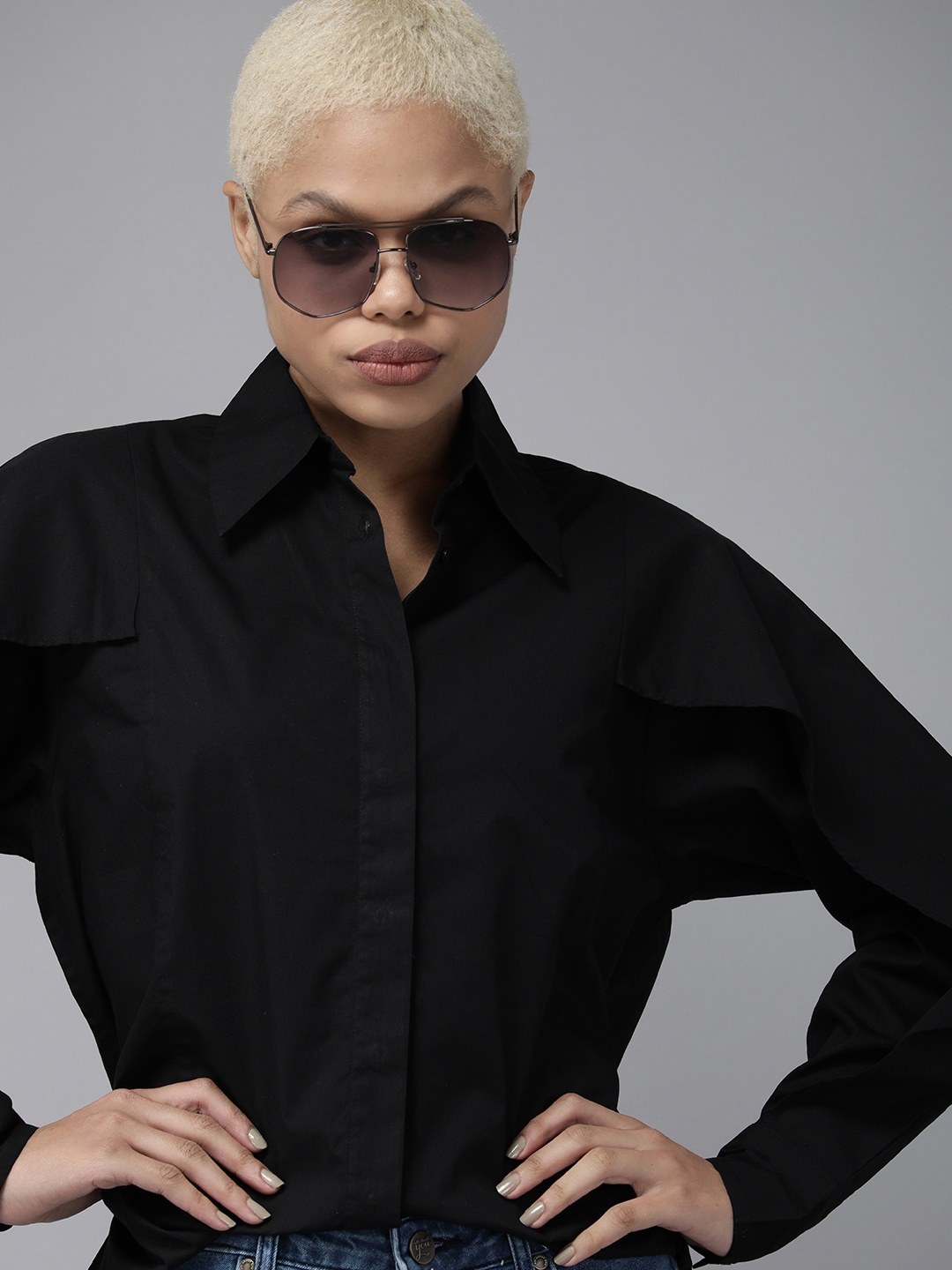 

Roadster Women Black Spread Collar Casual Shirt