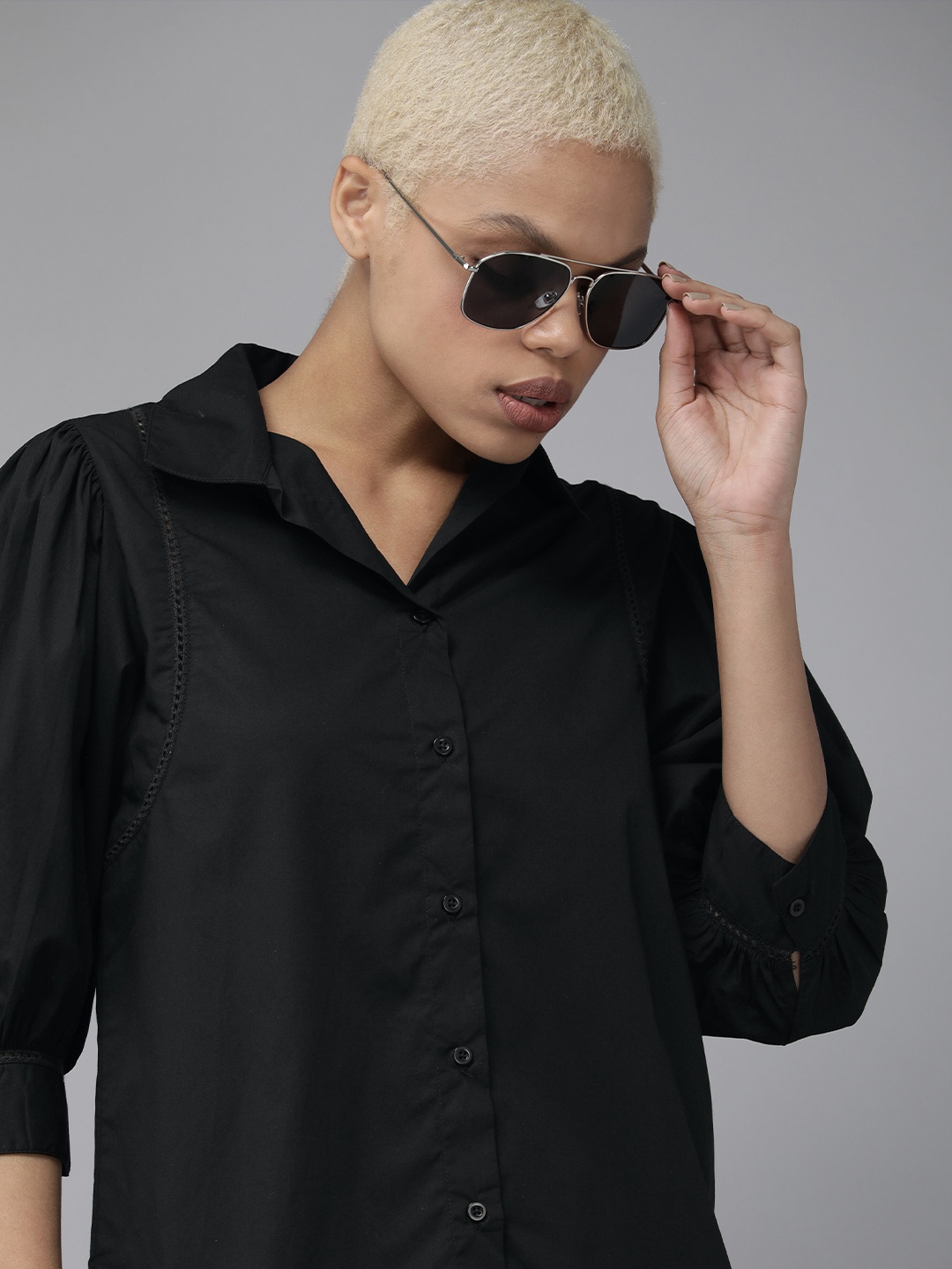 

Roadster Women Black Spread Collar Casual Shirt