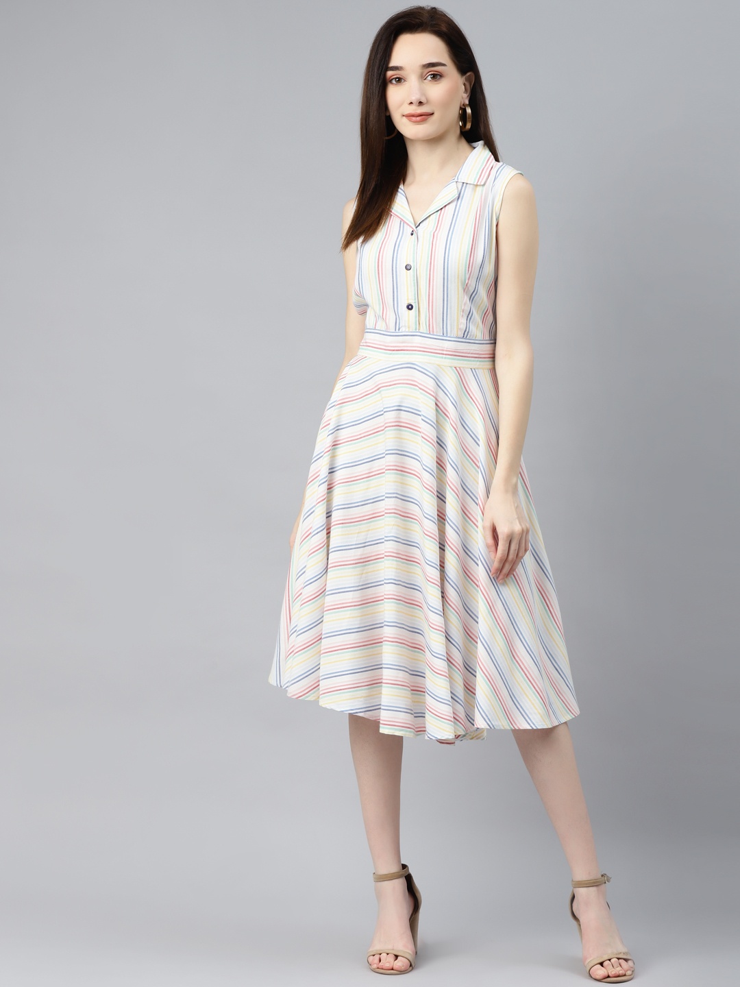 

Ayaany Cream-Coloured & Blue Striped Lapel Collar Dress