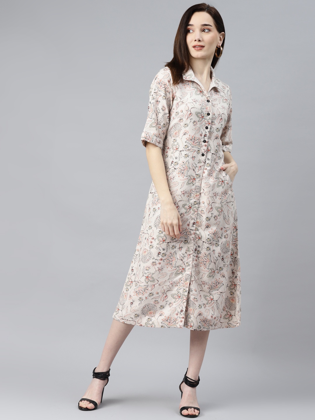 

Ayaany Cream-Coloured Ethnic Motifs Cotton Ethnic Shirt Midi Dress
