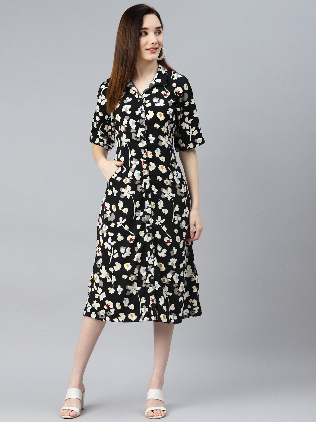 

Ayaany Black & Off White Floral Shirt Midi Dress
