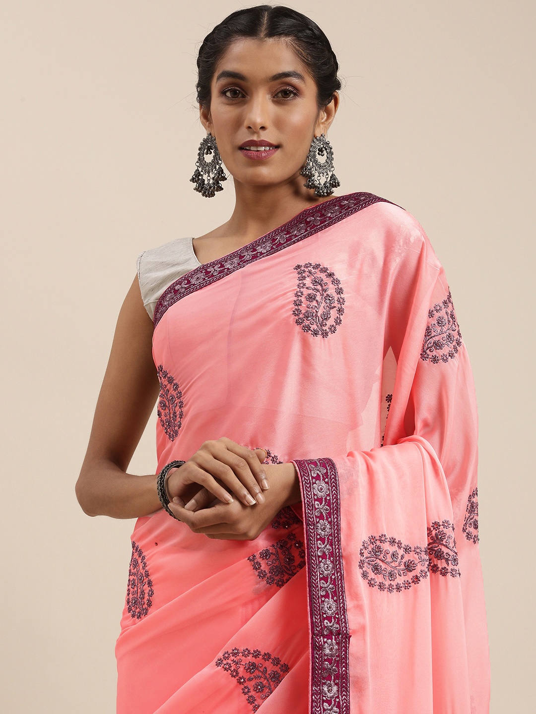 

Shaily Pink Embellished Beads and Stones Pure Georgette Saree