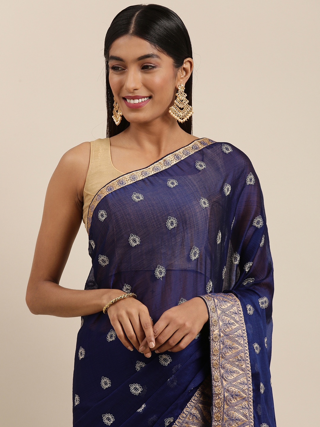 

Shaily Blue & Golden Ethnic Motifs Pure Chiffon Saree