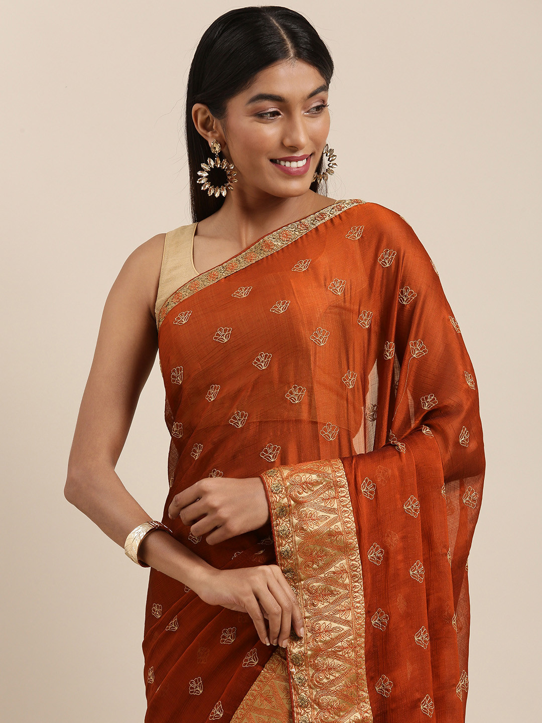 

Shaily Rust & Gold-Toned Ethnic Motifs Pure Chiffon Saree