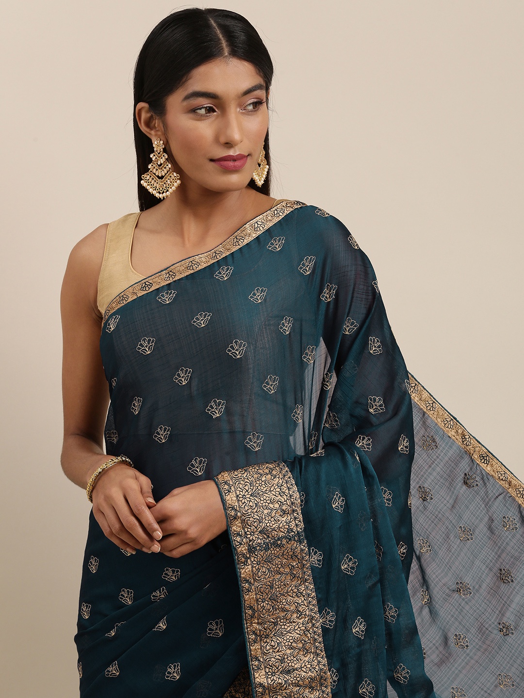 

Shaily Navy Blue & Golden Ethnic Motifs Embroidered Pure Chiffon Saree