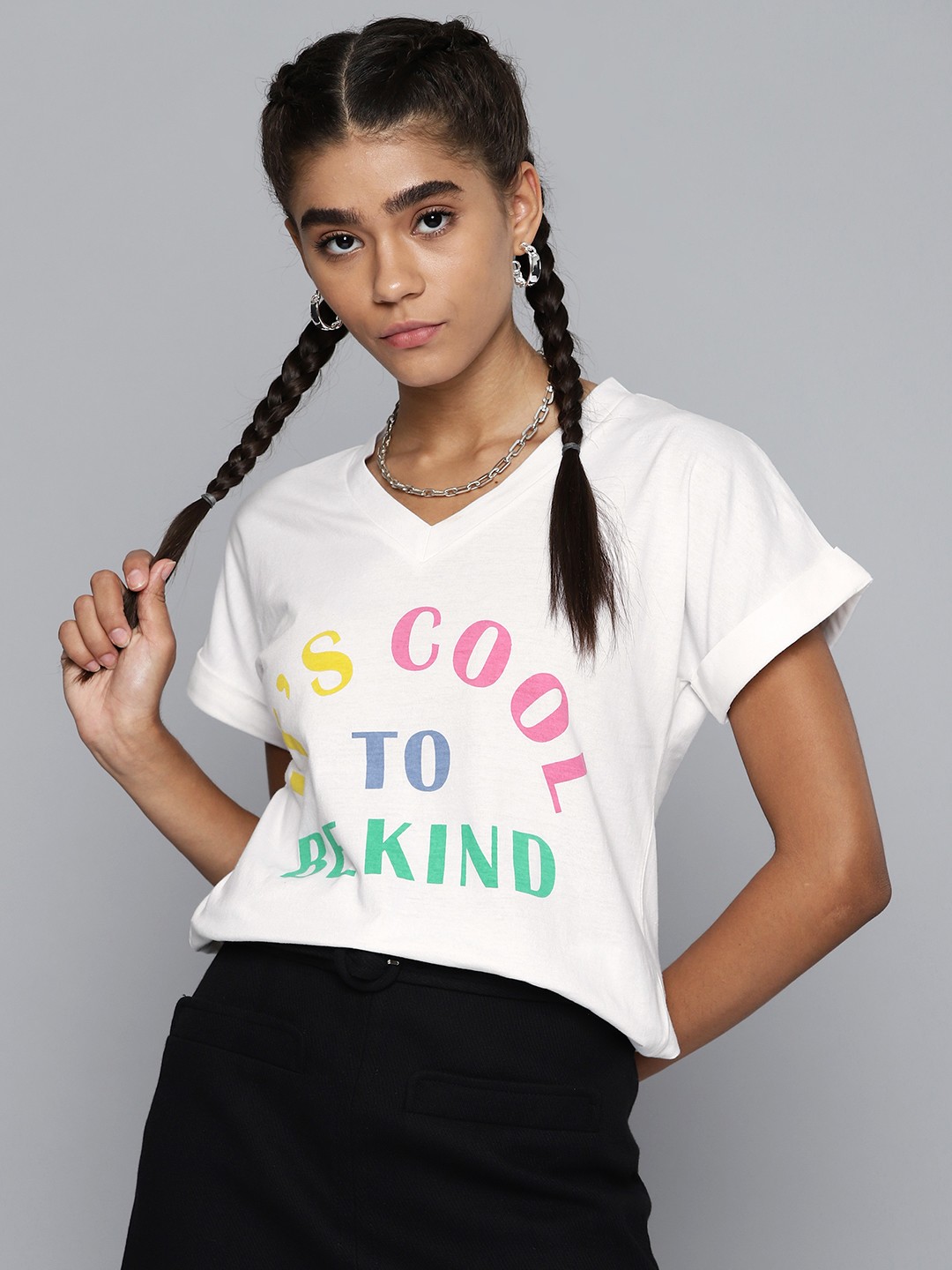 

SASSAFRAS Women White & Pink Typography Printed V-Neck Pure Cotton T-shirt