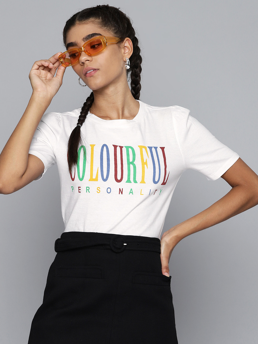 

SASSAFRAS Women White Typography Printed V-Neck Pure Cotton T-shirt
