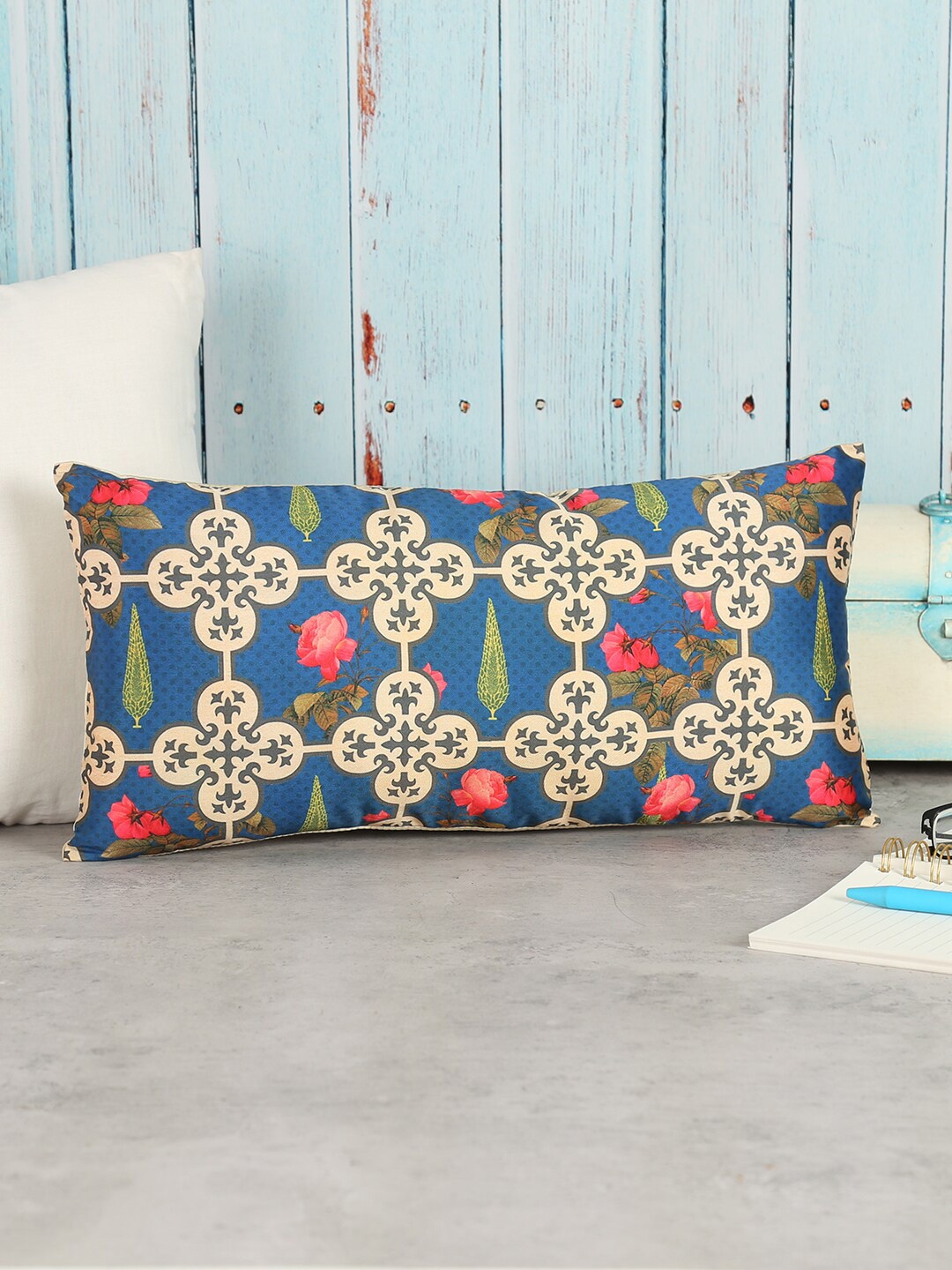

India Circus by Krsnaa Mehta Navy Blue & Pink Ethnic Motifs Rectangle Cushion Covers