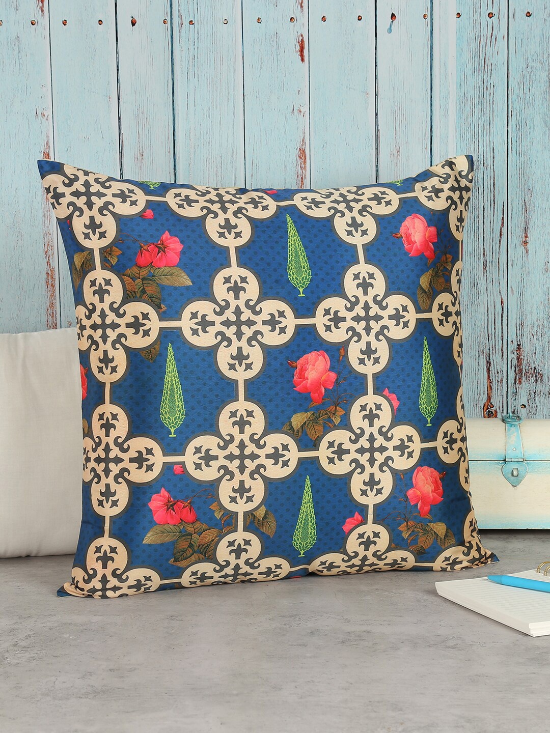

India Circus by Krsnaa Mehta Navy Blue & Green Ethnic Motifs Square Cushion Covers