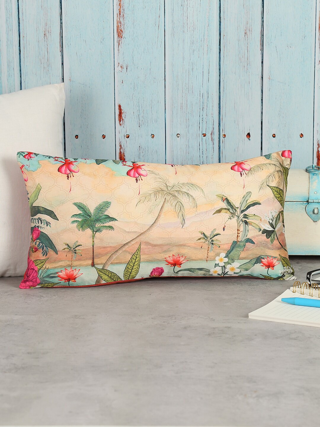 

India Circus by Krsnaa Mehta Cream-Coloured & Pink Floral Rectangle Cushion Covers