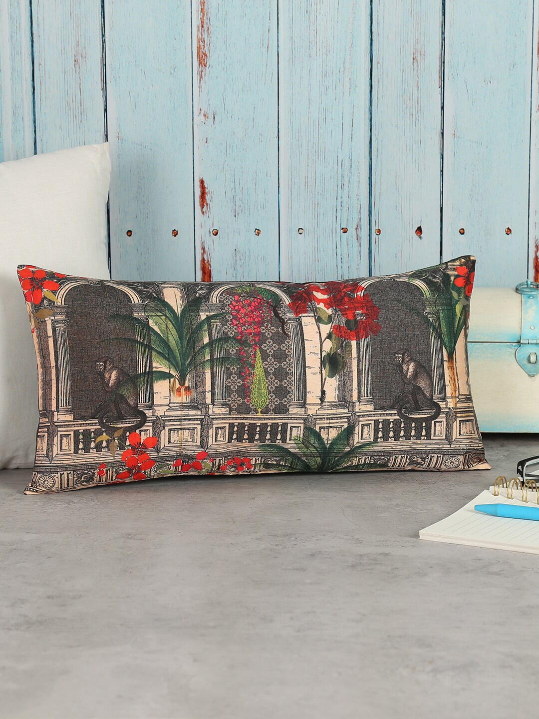 

India Circus by Krsnaa Mehta Grey & Red Ethnic Motifs Rectangle Cushion Covers