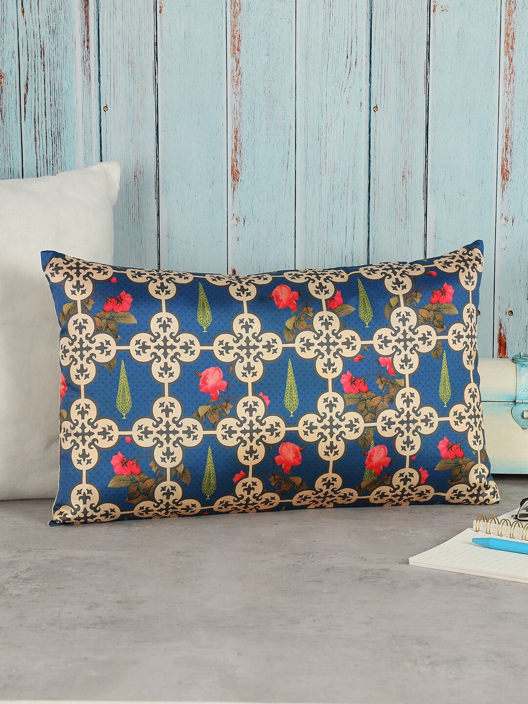 

India Circus by Krsnaa Mehta Navy Blue & Beige Ethnic Motifs Rectangle Cushion Cover