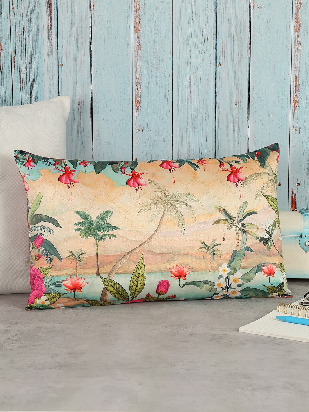

India Circus by Krsnaa Mehta Cream-Coloured & Green Floral Rectangle Cushion Covers