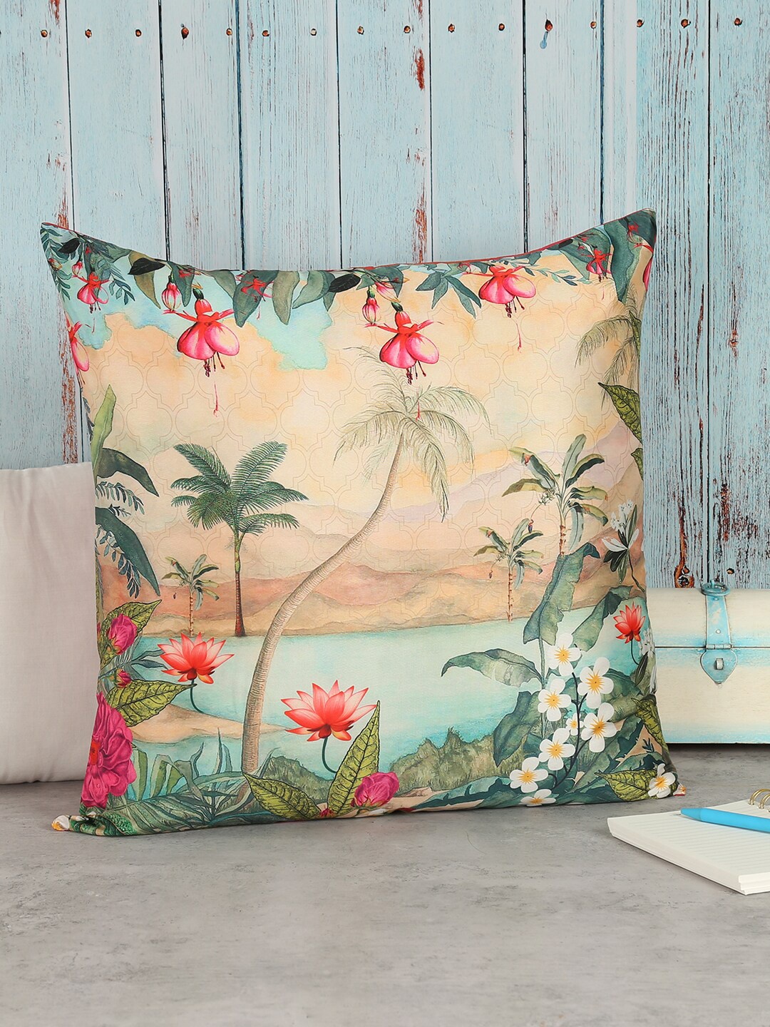 

India Circus by Krsnaa Mehta Cream-Coloured & Green Ethnic Motifs Square Cushion Covers
