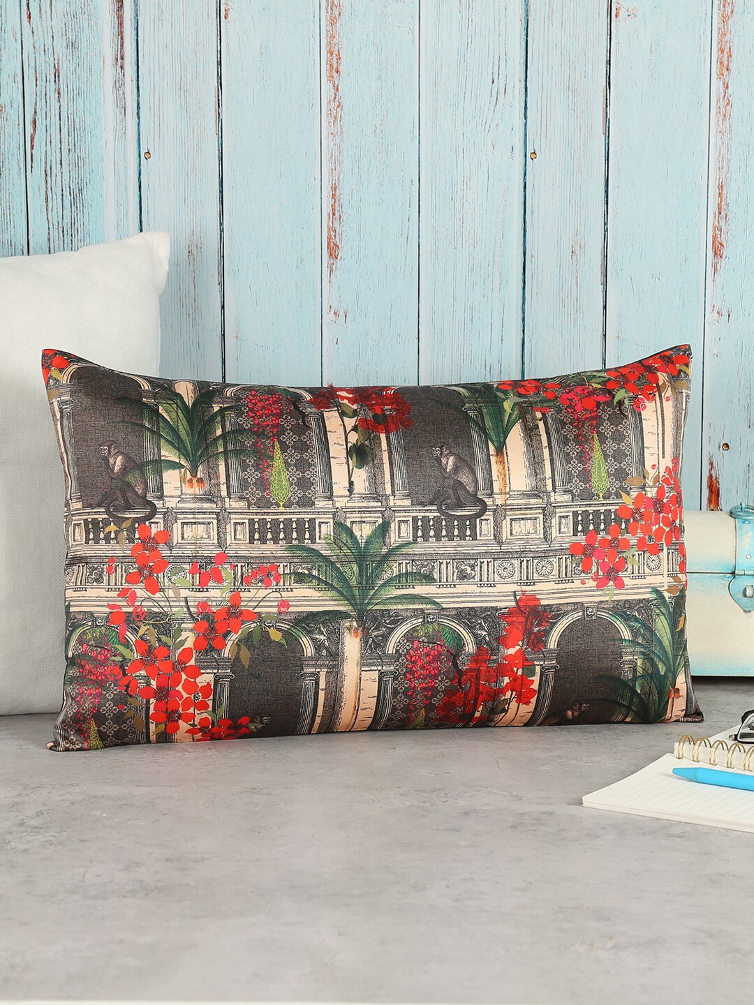 

India Circus by Krsnaa Mehta Grey & Red Ethnic Motifs Rectangle Cushion Covers