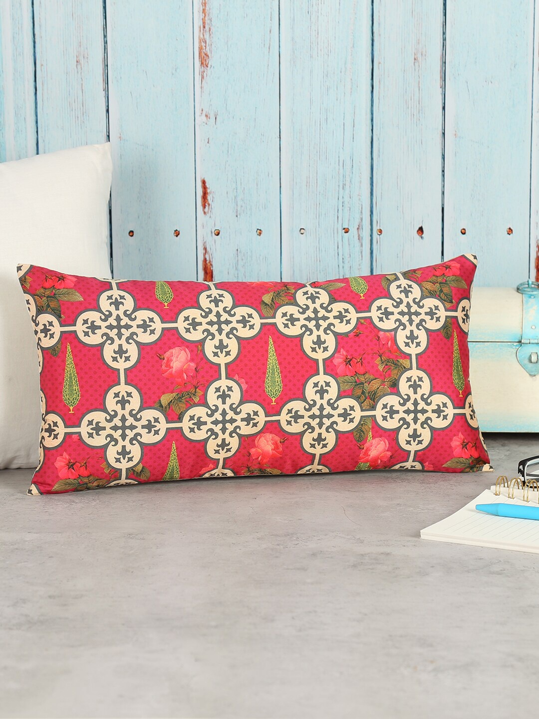 

India Circus by Krsnaa Mehta Pink & Green Ethnic Motifs Rectangle Cushion Covers