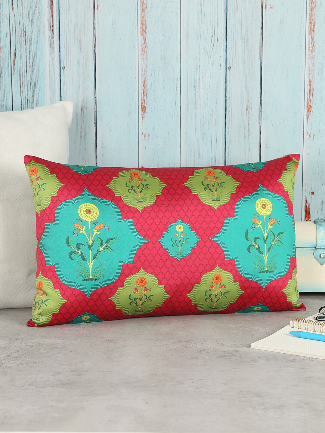 

India Circus by Krsnaa Mehta Pink & Blue Ethnic Motifs Rectangle Cushion Cover