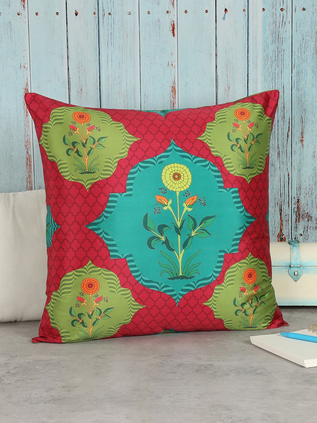 

India Circus by Krsnaa Mehta Pink & Green Ethnic Motifs Square Cushion Covers