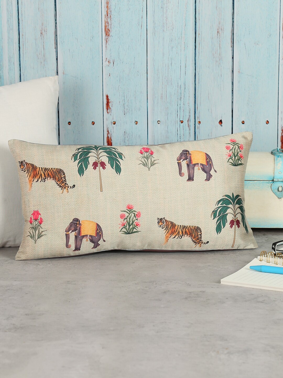 

India Circus by Krsnaa Mehta Beige & Brown Ethnic Motifs Rectangle Cushion Covers