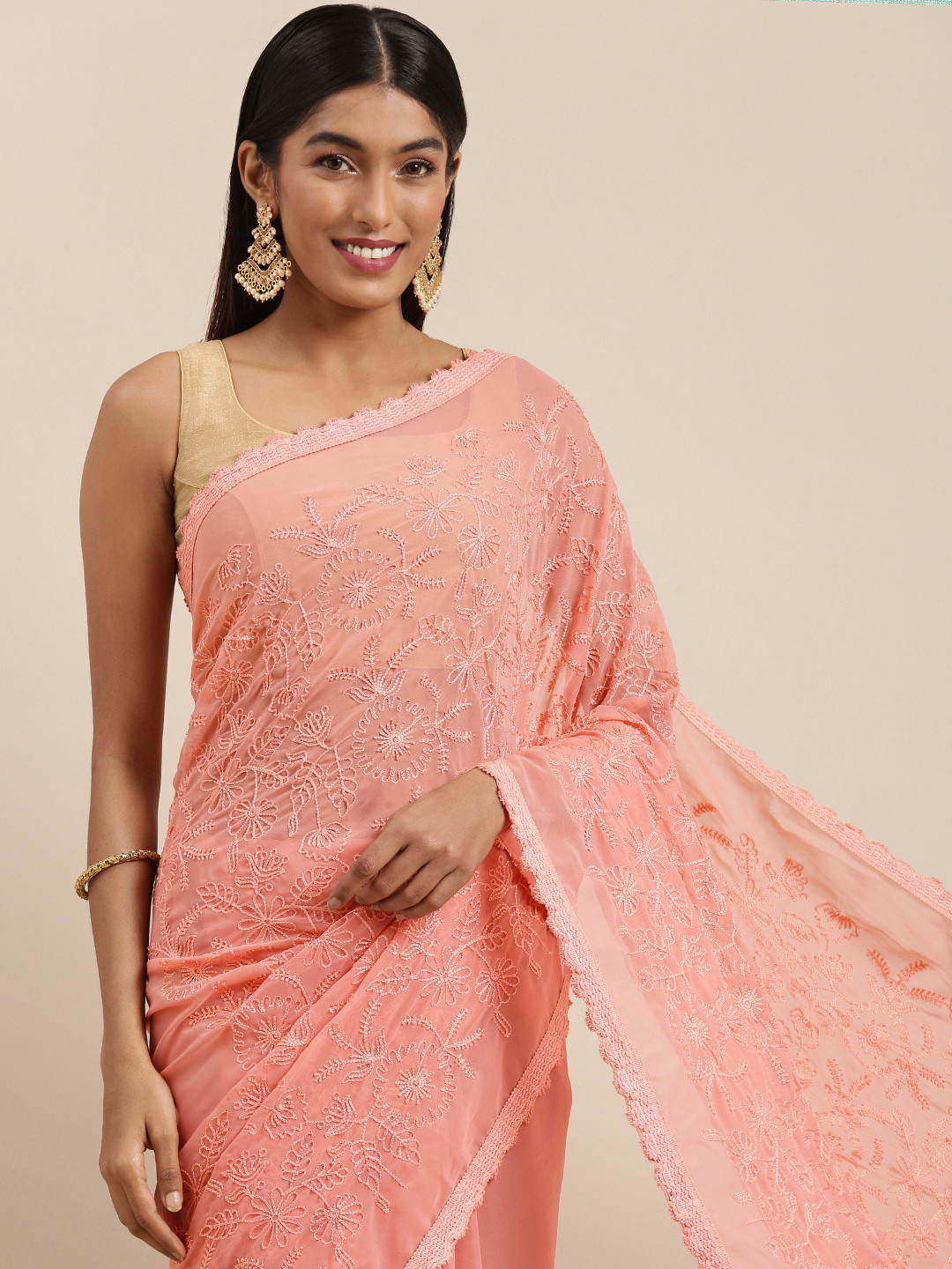 

Shaily Pink Floral Embroidered Pure Georgette Saree