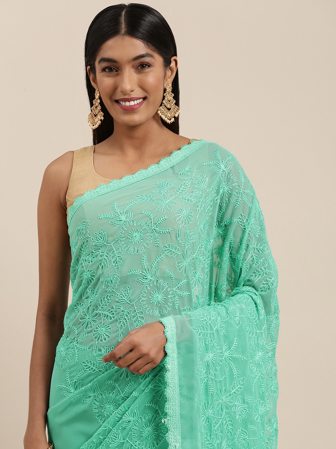 

Shaily Blue Floral Embroidered Pure Georgette Saree