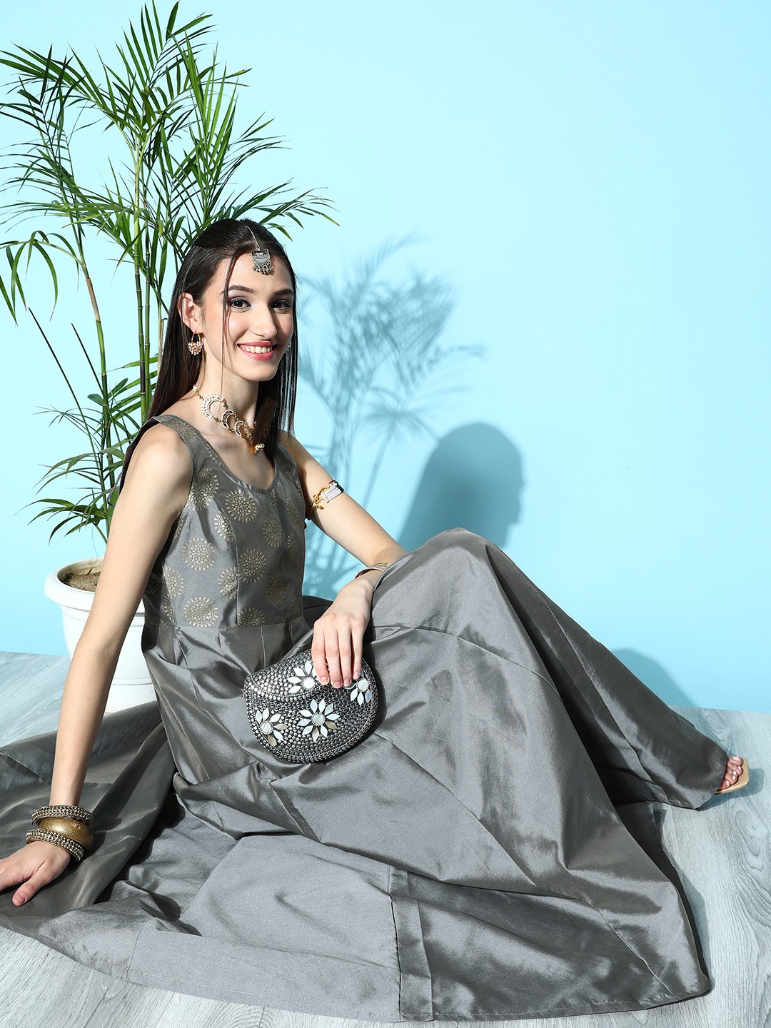 

Shae by SASSAFRAS Women Stunning Grey Ethnic Motifs Banarasiya Brocade Dress