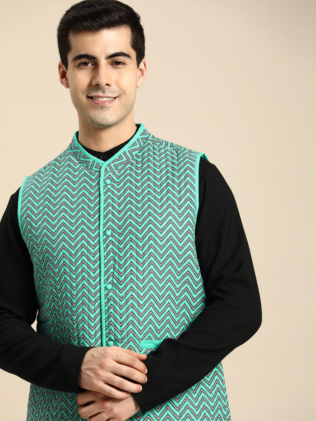 

Anouk Men Green & Black Printed Pure Cotton Quilted Nehru Jacket