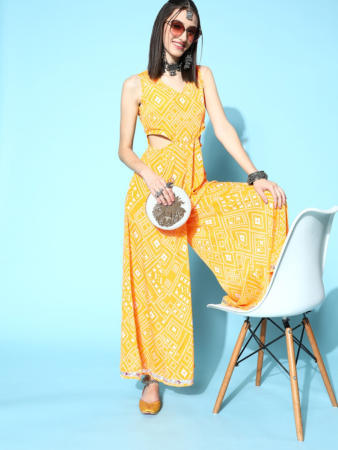 

Shae by SASSAFRAS Yellow & White Bandhani Printed Ethnic Jumpsuit