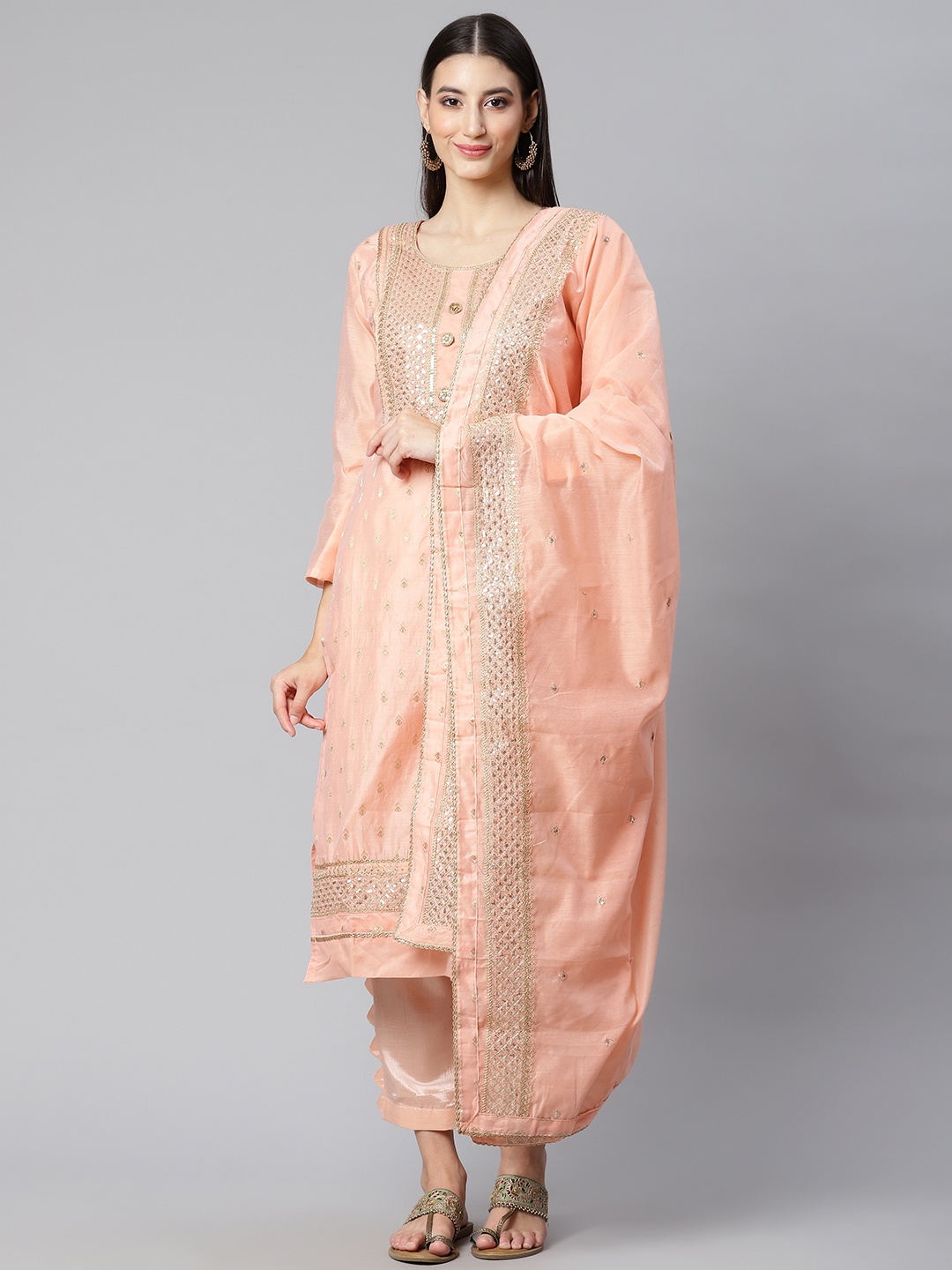 

RAJGRANTH Peach-Coloured & Gold-Toned Embroidered Unstitched Dress Material