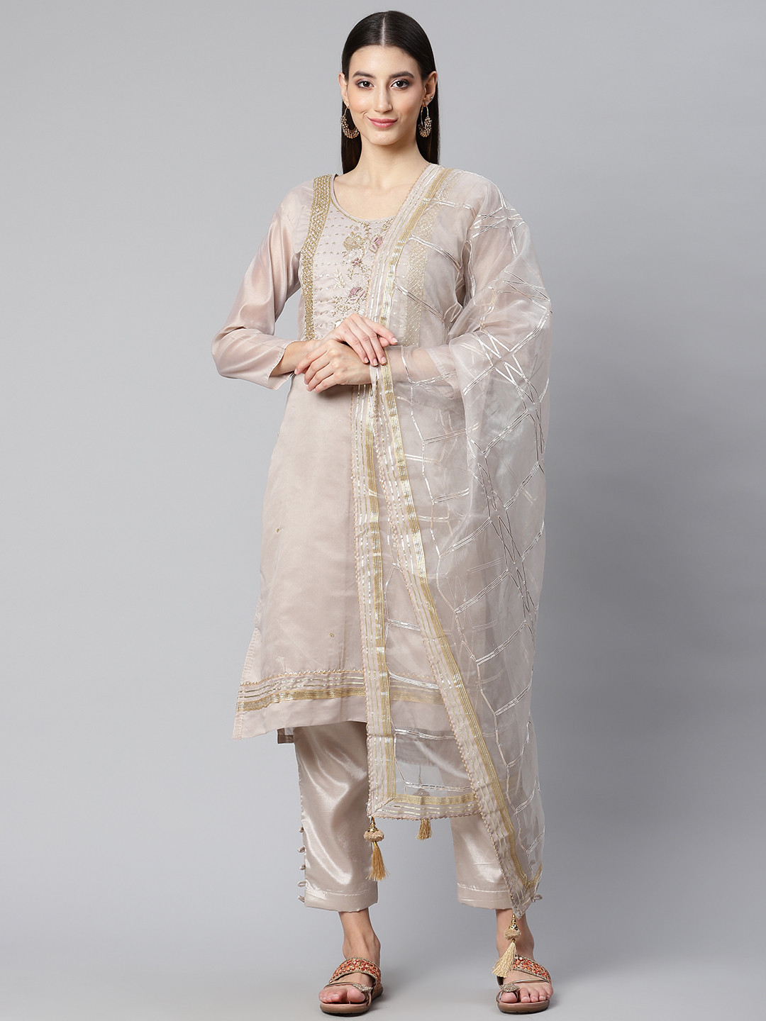 

RAJGRANTH Taupe Embroidered Unstitched Dress Material