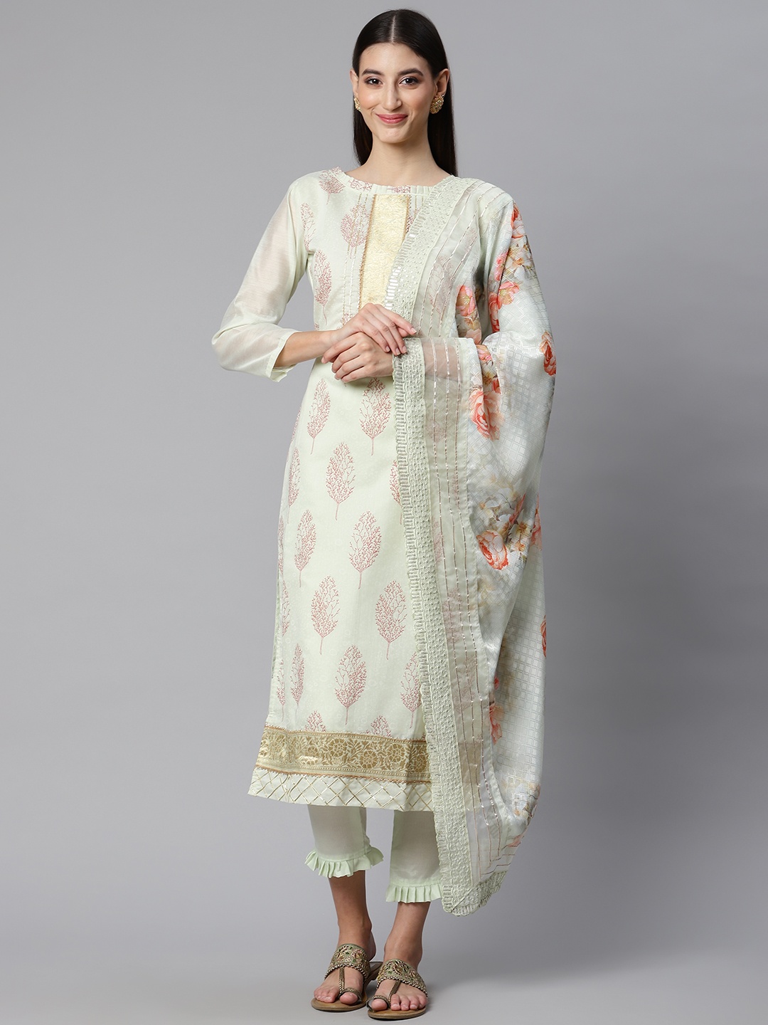 

RAJGRANTH Green Printed Unstitched Dress Material