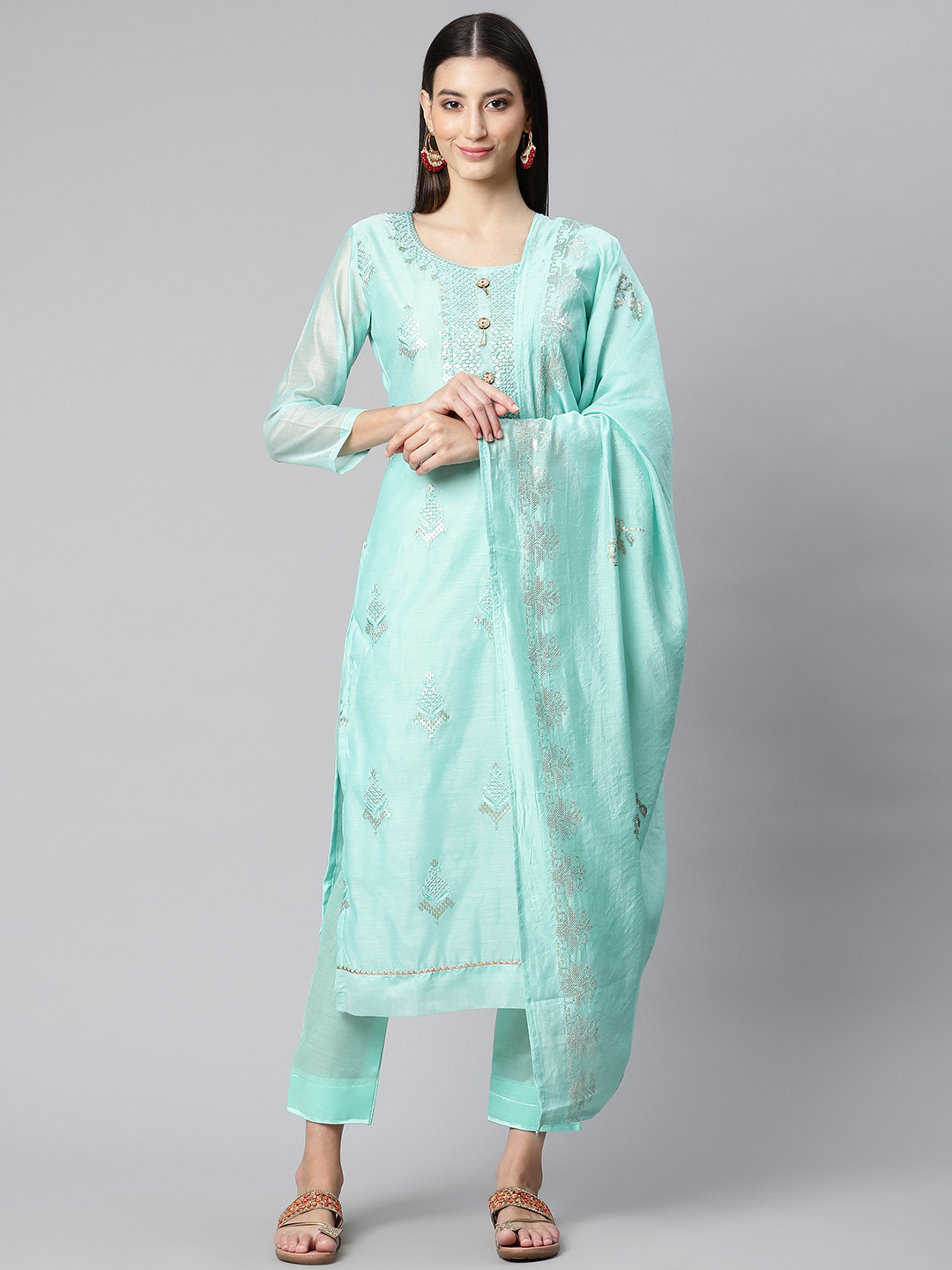 

RAJGRANTH Blue Embroidered Unstitched Dress Material