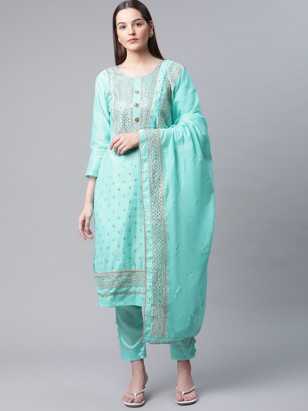 

RAJGRANTH Turquoise Blue & Gold-Toned Embroidered Unstitched Dress Material