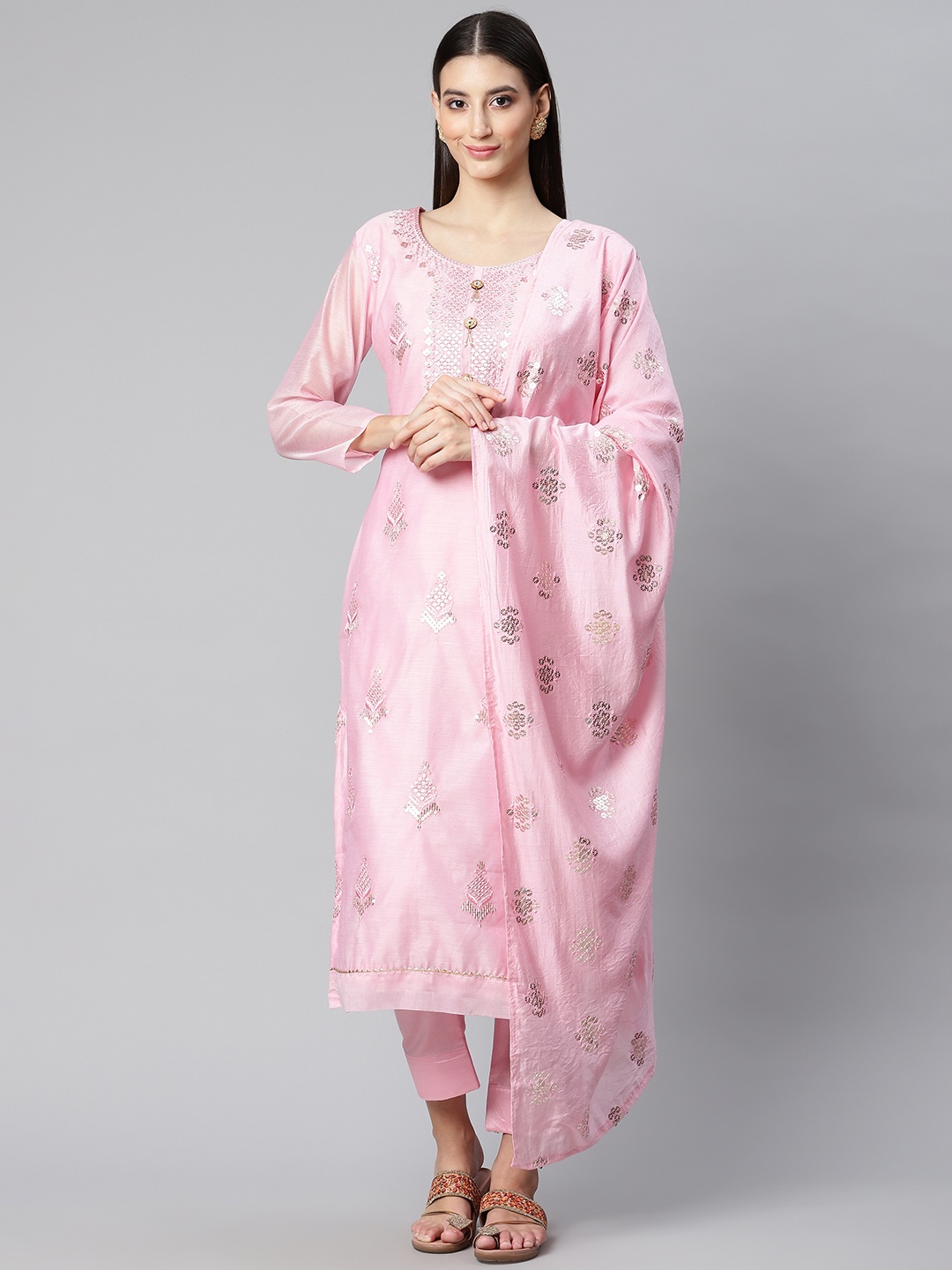 

RAJGRANTH Pink Embroidered Unstitched Dress Material