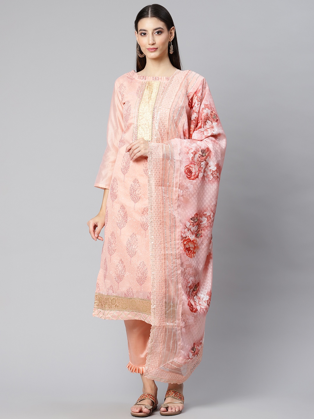 

RAJGRANTH Peach-Coloured Printed Unstitched Dress Material