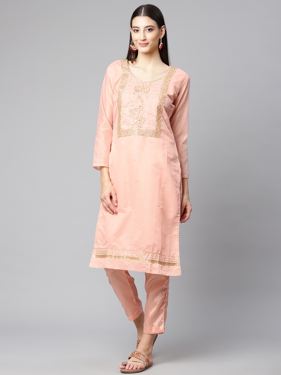 

RAJGRANTH Peach-Coloured Embroidered Unstitched Dress Material