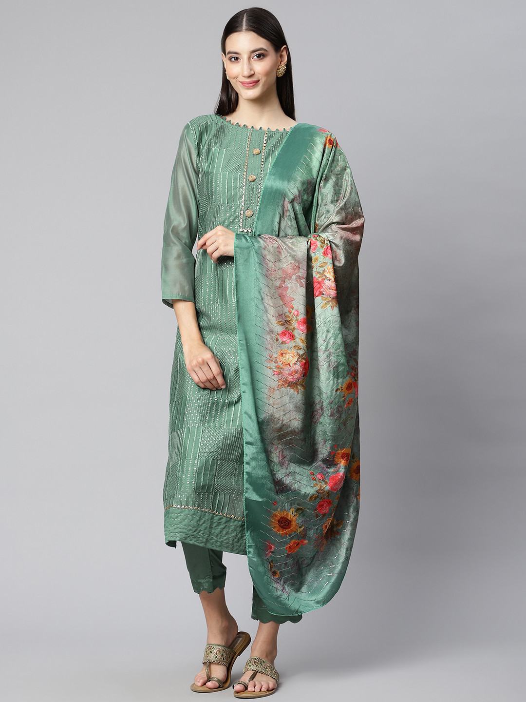 

RAJGRANTH Green Embroidered Unstitched Dress Material