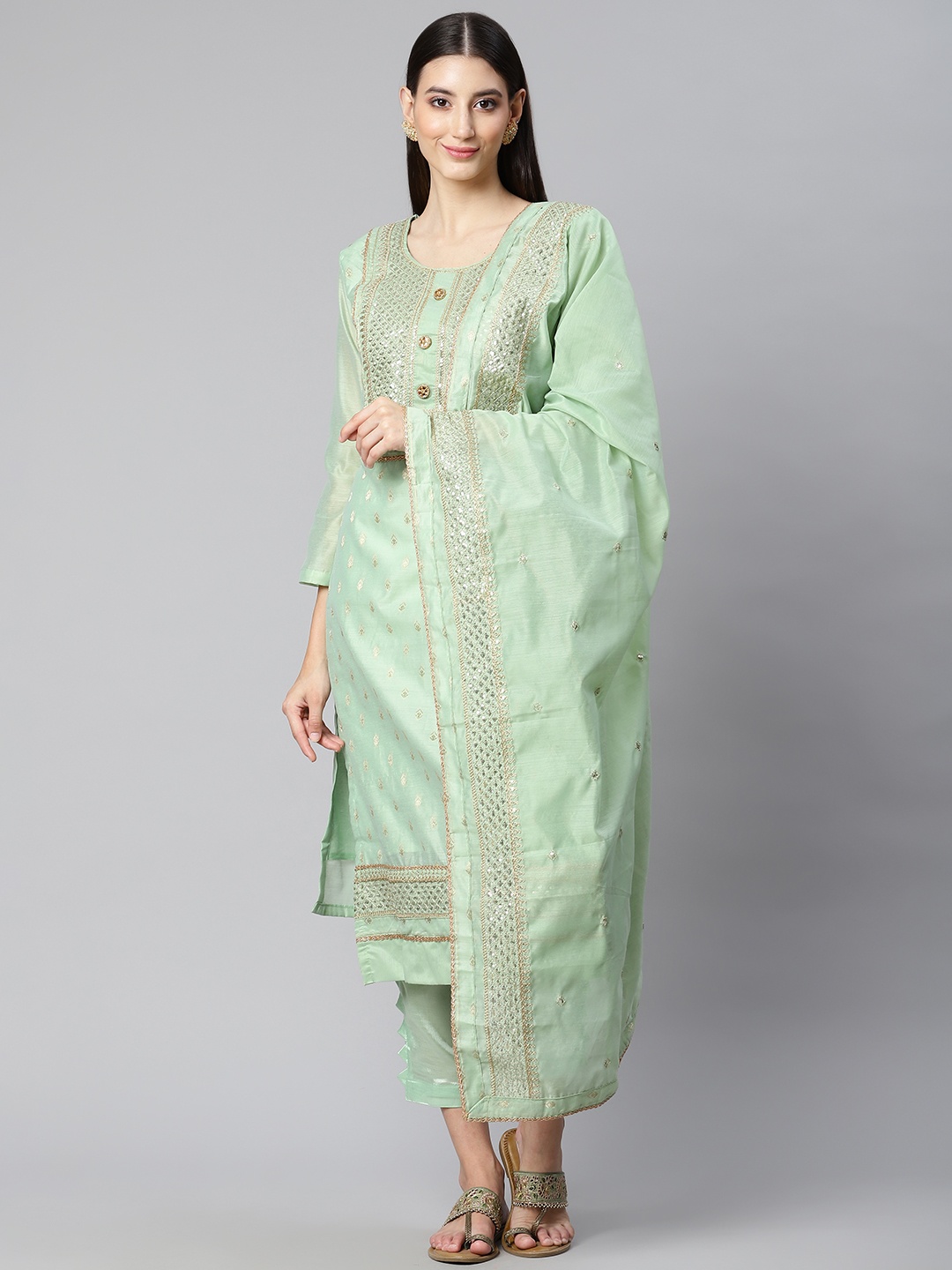 

RAJGRANTH Green Embroidered Unstitched Dress Material