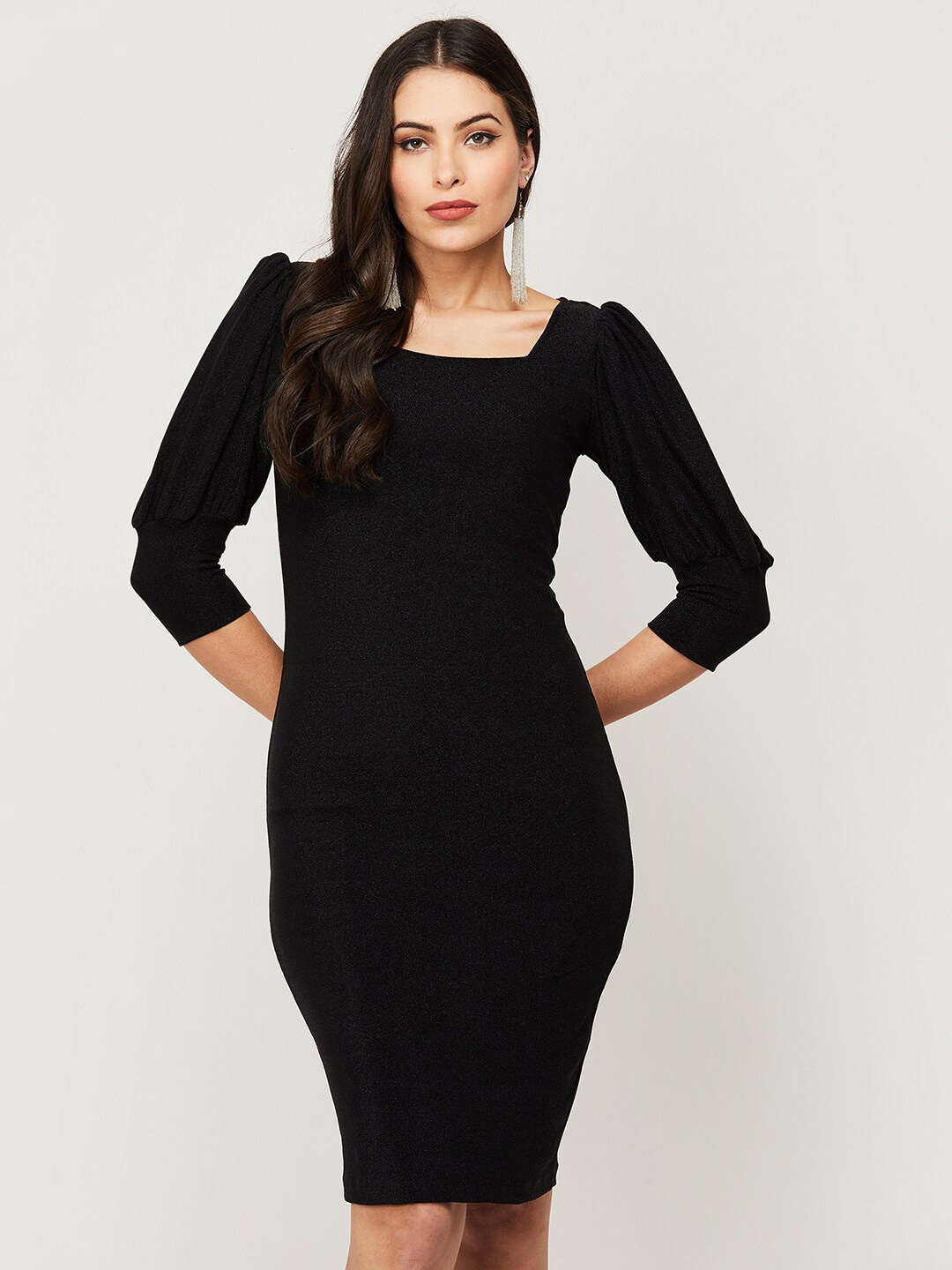 

CODE by Lifestyle Women Black Solid Puff Sleeves Bodycon Dress