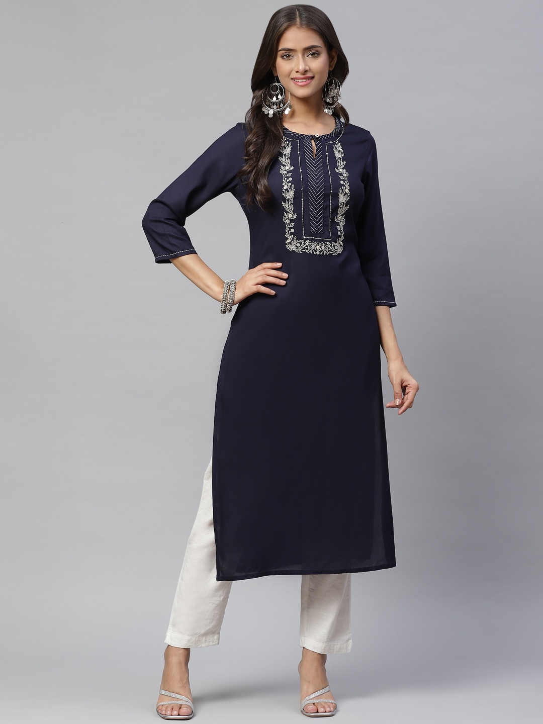 

PIROH Women Navy Blue Ethnic Motifs Yoke Design Kurta