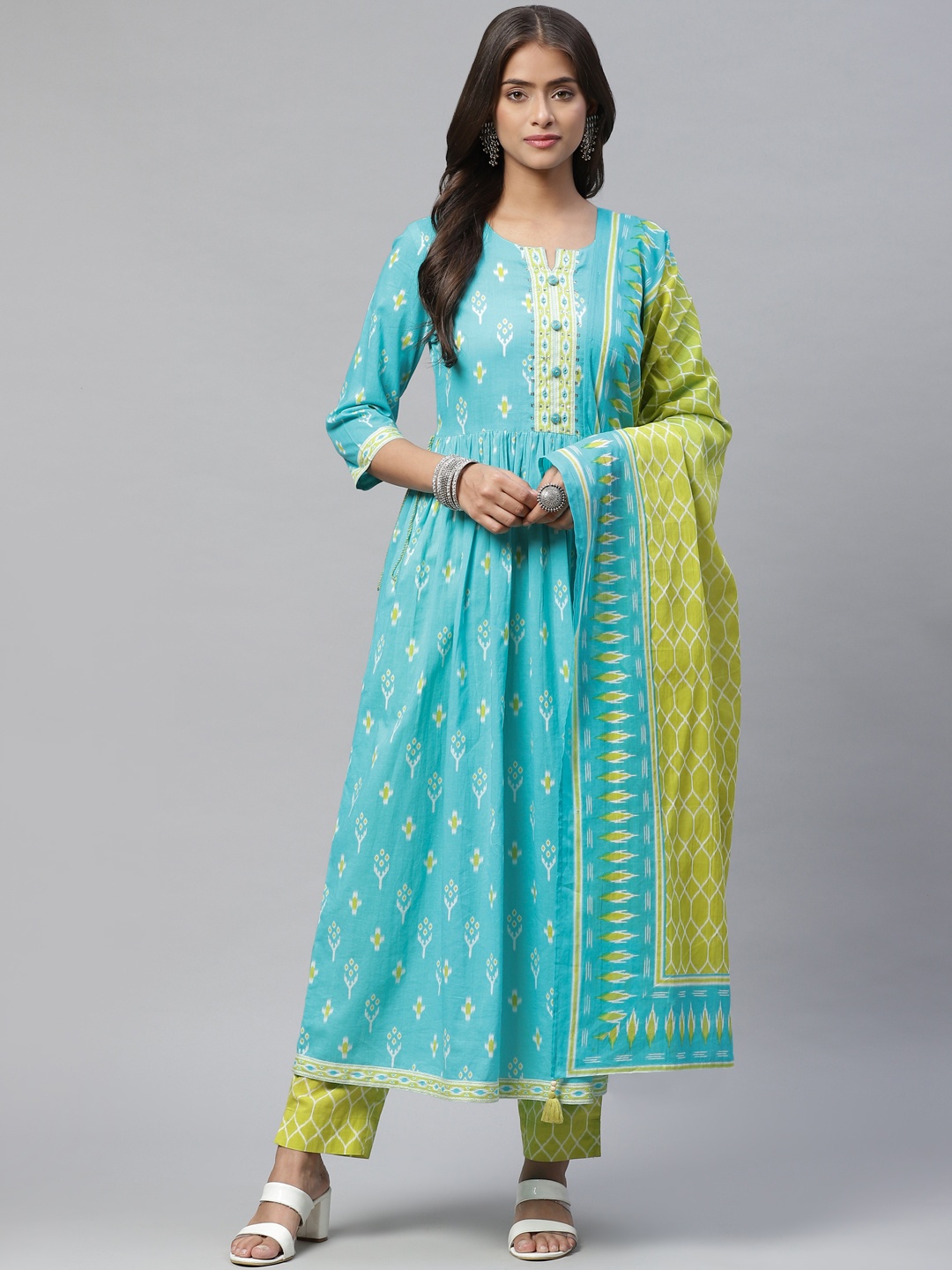 

PIROH Women Blue & Green Printed Pleated Pure Cotton Kurta with Trousers & With Dupatta