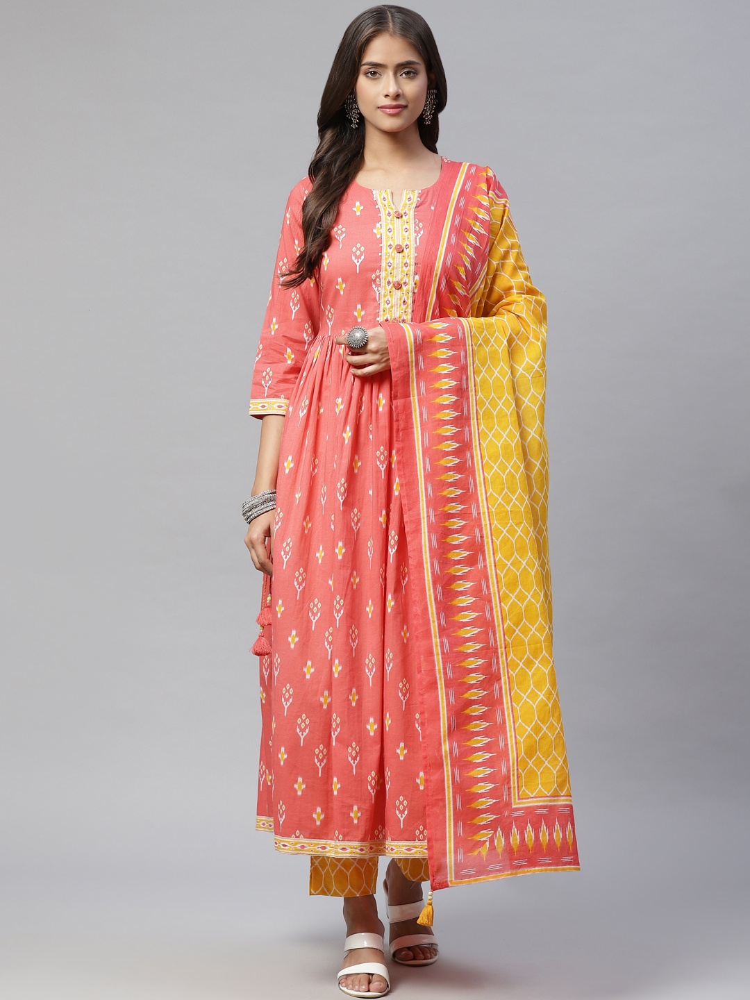 

PIROH Women Coral Pink & Yellow Printed Pleated Cotton Kurta with Trousers & Dupatta