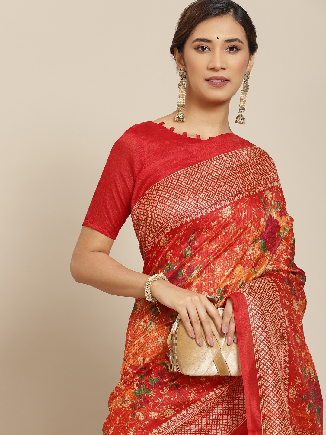 

Mitera Red & Golden Ethnic Motifs Banarasi Saree