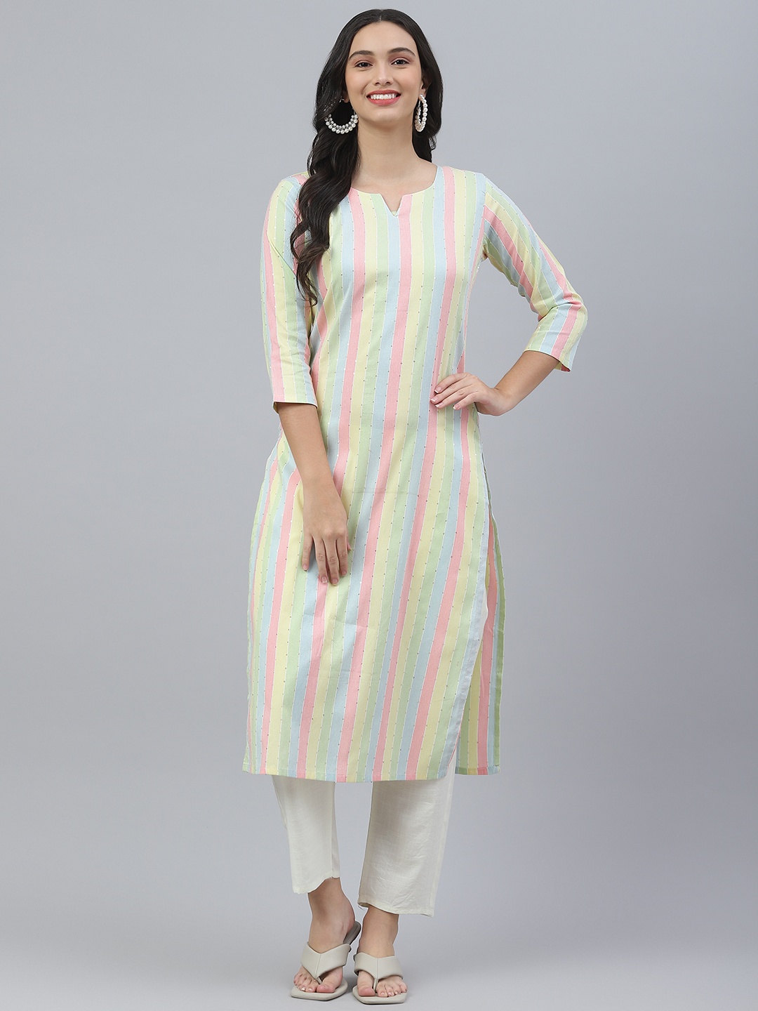 

RAJGRANTH Women Multicoloured Striped Sequinned Kurta with Trousers, Multi