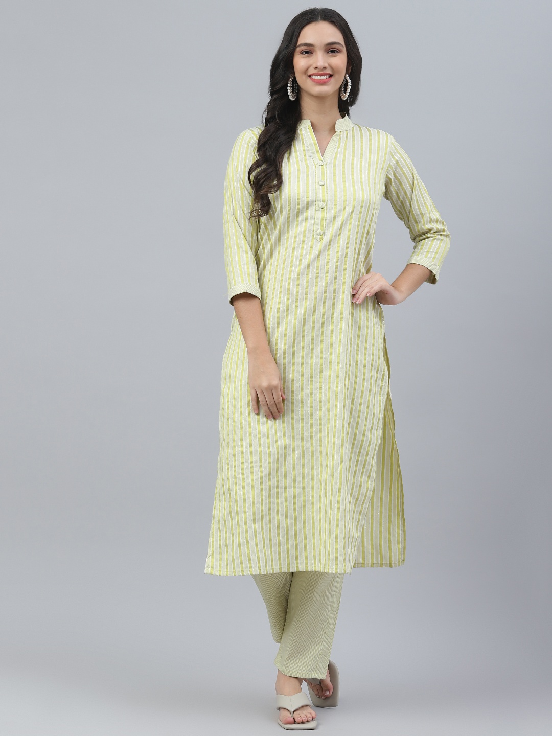 

RAJGRANTH Women Lime Green Striped Kurta with Trousers