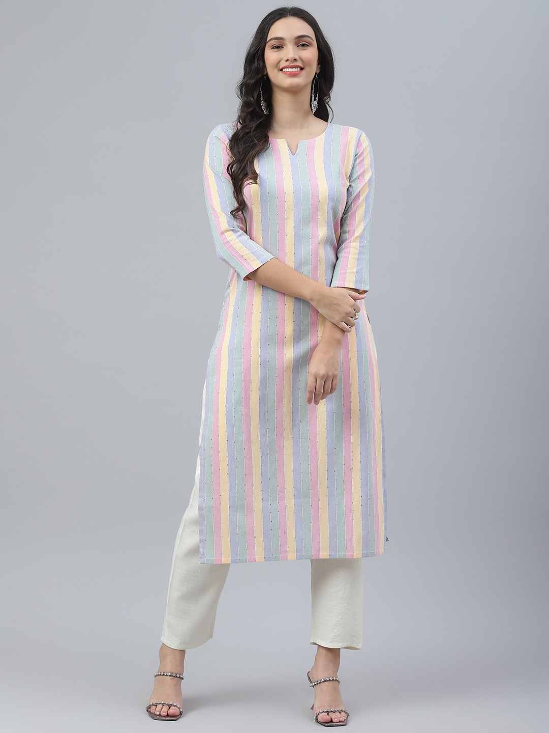 

RAJGRANTH Women Multicoloured Striped Sequinned Kurta with Trousers, Multi