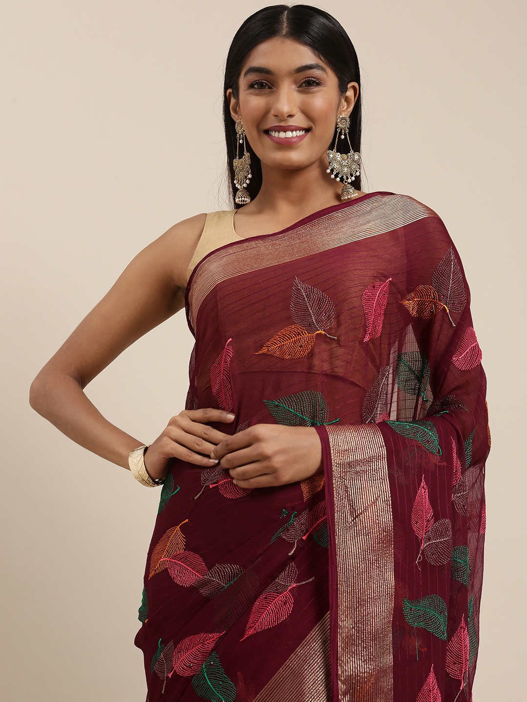 

Shaily Maroon & Sea Green Ethnic Motifs Embroidered Pure Chiffon Saree